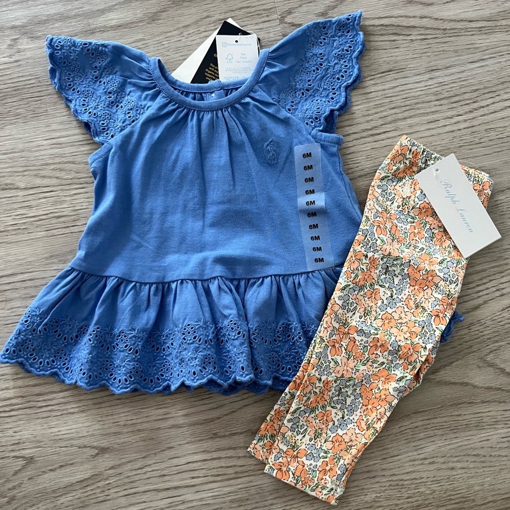 NWT Ralph Lauren Girls' Eyelet Jersey Top & Floral Leggings Set Size 6M